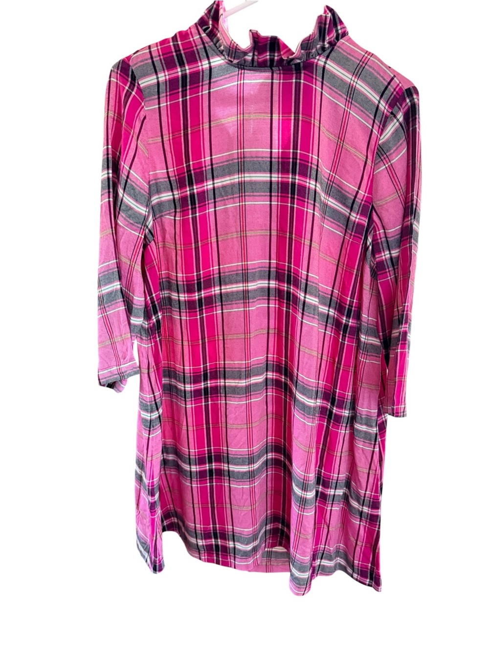 Crown & Ivy Pink Plaid Rayon Dress with Ruffle Neck